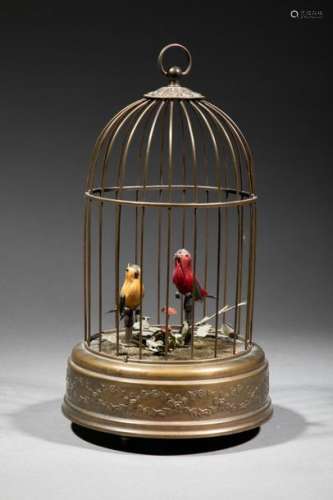 Cage à deux oiseaux siffleurs automates perchés su…