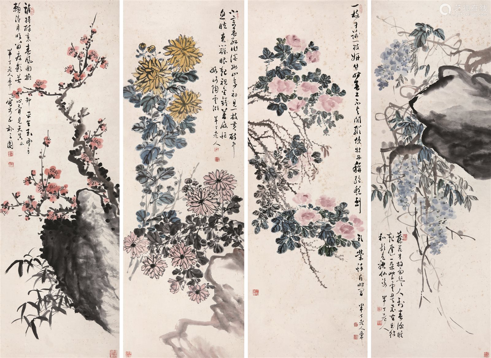 四季花卉四屏镜心设色纸本 Deal Price Picture
