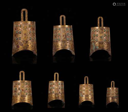 汉代  铜流金嵌宝石编钟两件