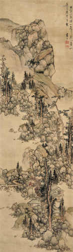 蓝孟 1662年作 秋山策杖 立轴 设色绢本