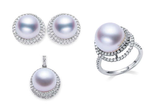 白色南洋珍珠配钻石吊坠、耳环及戒指套装