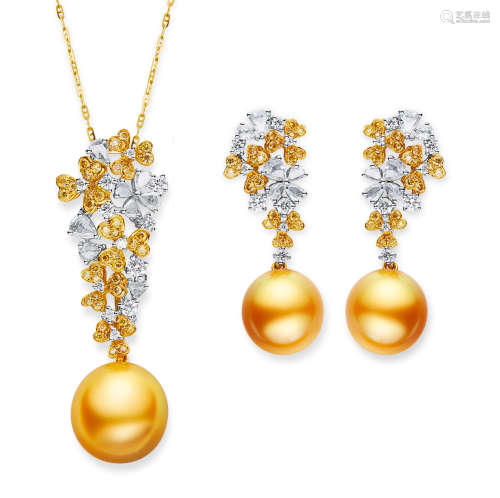 金色南洋珍珠配钻石吊坠项链及耳环套装