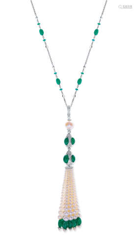 天然祖母绿配珍珠、托帕石及钻石吊坠项链