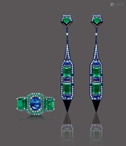 天然祖母绿、蓝宝石配玛瑙及钻石耳环、戒指套装