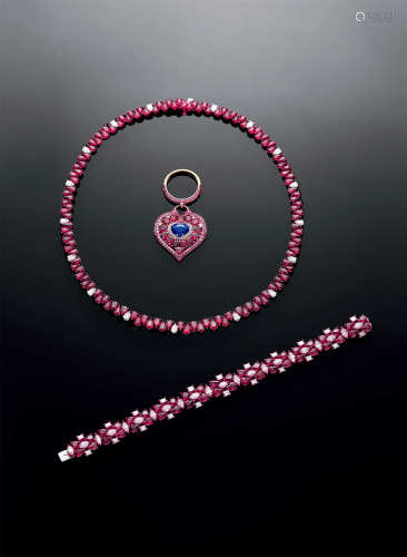 天然红宝石配蓝宝石及钻石戒指、项链及手炼套装，未经加热处理