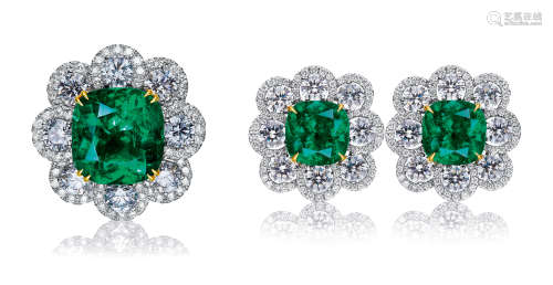 「哥伦比亚」祖母绿配钻石戒指及耳环套装