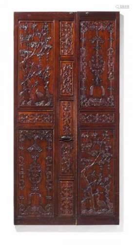 TWO-PART DOOR WITH PLUMS, CRANES AND MEDALLIONS OF GOOD FORTUNE. China. Qing dynasty [...]