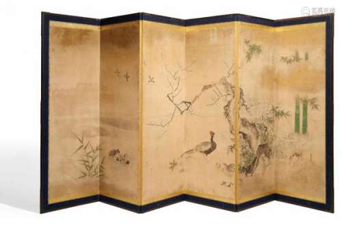 IMPORTANT SCREEN (BYÔBU) WITH BIRDS, PLUMS AND BAMBOO. Japan. Edo period [...]