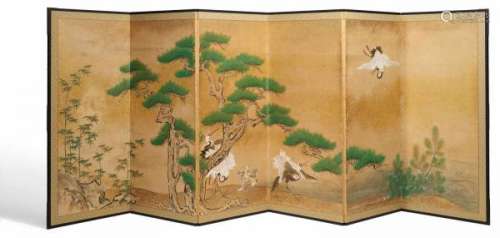 SCREEN (BYÔBU) WITH CRANES, PINES AND BAMBOO. Japan. Edo period (1603-1868). [...]