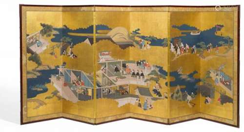 SCREEN (BYÔBU) WITH SCENES FROM THE GENJI MONOGATARI. Japan. 19th c. Tosa School, [...]