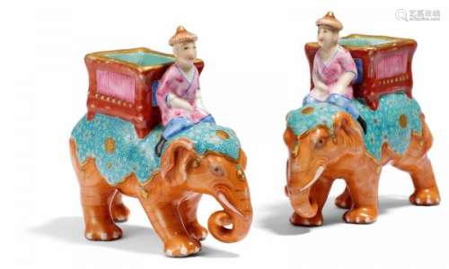 PAIR OF ELEPHANT WITH MAHOUT AND BASKET. China. Porcelain decorated in famille rose [...]
