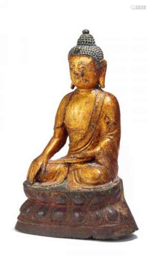 BUDDHA IN BHUMISPARSA MUDRA. China. 16th/17th c. Bronze with lacquer and lacquer [...]