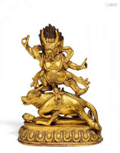YAMA DHARMARAJA. Tibet. 18th/19th c. or later. Copper bronze with fire gilding. The [...]