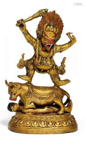 YAMA DHARMARAJA WITH SWORD. Sino-Tibetan. 18th/19th c. Copper bronze with fire [...]