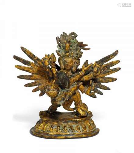 WINGED HERUKA WITH HIS CONSORT IN YAB-YUM. Tibet/Nepal. 19th/20th c. Copper bronze [...]