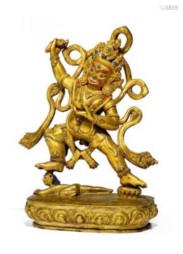 LARGE FIGURE OF MAHAKALA. Tibet. 19th/20th c. Copper bronze fire gilded with cold [...]