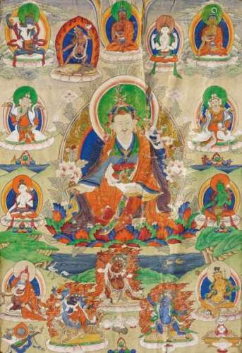 THANGKA OF PADMASAMBHAVA. Tibet/Nepal. 19th/20th c. Pigments and gold leaf on fabric. [...]