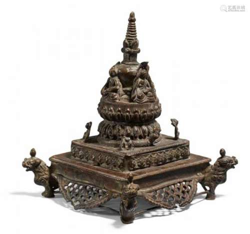 RARE STUPA WITH THE FOUR TATHAGATA BUDDHA. Nepal. 18th/19th c. Copper bronze with [...]