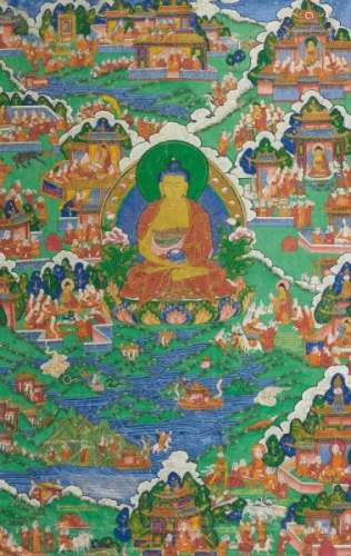 RARE AND LARGE BONOP THANGKA OF SHENRAB MIWOCHE. Tibet/Bhutan. 19th c. Pigments and [...]