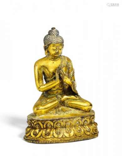 BUDDHA SHAKYAMUNI WITH DHARMACHAKRA MUDRA. Tibet. 16th c. or later. Copper bronze [...]