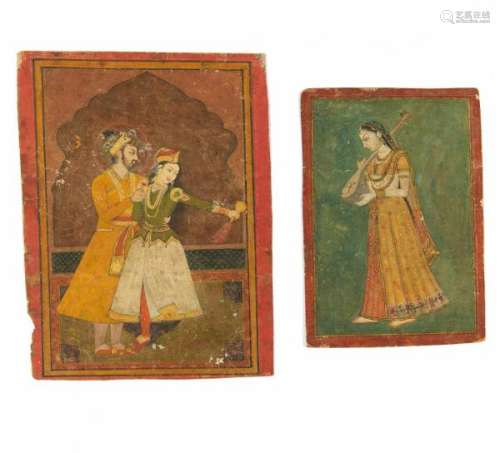 TWO MINIATURES WITH LOVERS AND FEMALE MUSICIAN. Mughal India. 17th/18th c. Pigments [...]