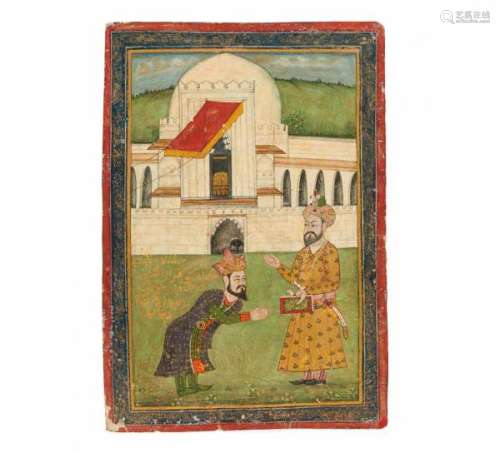 BABUR PASHA HANDS OVER THE QURAN TO HIS SON. Mughal India. 17th/18th c. Pigment and [...]