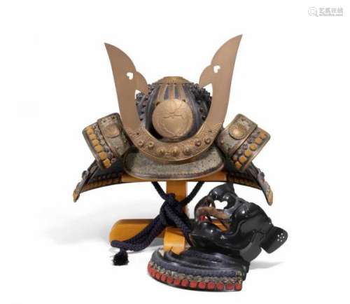 HELMET (KABUTO) WITH MASK, ARMOR PARTS AND A SPEAR (SODEGAMI). Japan. Late Edo period [...]