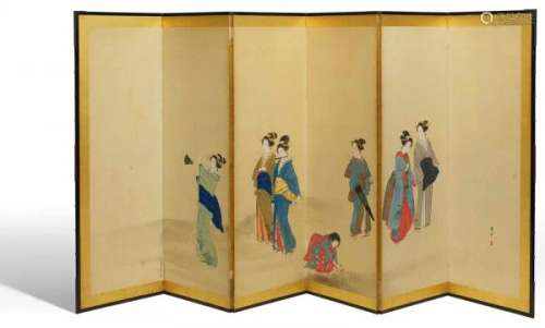 SCREEN WITH BEAUTIES ON A SUMMER WALK. Japan. Edo period (1603-1868). 19th c. [...]