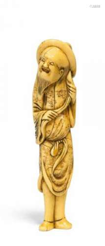 NETSUKE OF A CHINESE WITH HAT. Japan. 18th c. Ivory carved and finely engraved, [...]