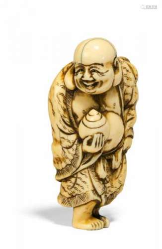 NETSUKE: LAUGHING HOTEI WITH JEWEL. Japan. 18th/19th c. Ivory carved and engraved. [...]