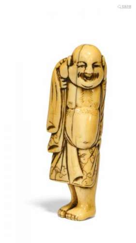 NETSUKE: STANDING HOTEI WITH LARGE BAG. Japan. 18th/19th c. Ivory with dark colored [...]