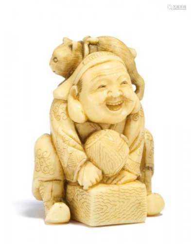 NETSUKE: DAIKOKU WITH KITTEN. Japan. 19th c. Maritime ivory. In front of him he holds [...]