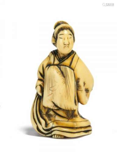 NETSUKE: POSING OIRAN. Japan. 19th c. Ivory with dark stained engravings. Height [...]