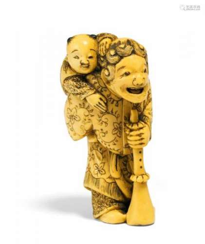 NETSUKE: CHINESE WITH KARAKO ON THE SHOULDER AND SHAWM. Japan. Early 19th c. Ivory, [...]