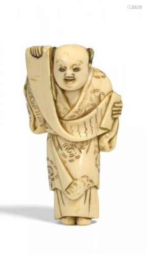 NETSUKE: KANZAN WITH SCROLL. Japan. Late 18th/early 19th c. Ivory, carved and with [...]
