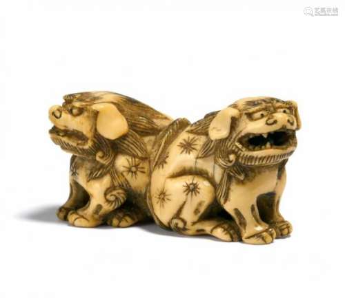 NETSUKE: PAIR OF LITTLE SHISHI LIONS. Japan. 18th/19th c. Ivory. Width 3.6cm. [...]