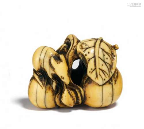 NETSUKE: MOUSE ON EGGPLANTS. Japan. 18th c. Ivory with shiny golden patina. Width [...]