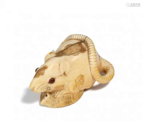 NETSUKE: SPOTTED RAT WITH AWABI SNAIL. Japan. 19th c. Ivory, eyes inlaid with horn. [...]
