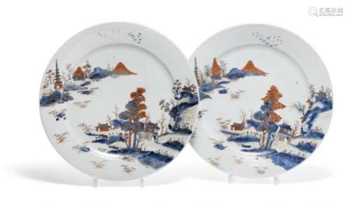 A pair of Chinese Imari porcelain dishes decorated in colours and gold  with scenery [...]