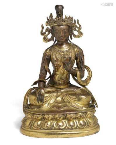 A Mongolian gilt copper repoussé figure of White Tara. 18th century. Weight 1930 g. [...]