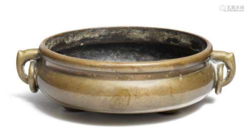 A Chinese flat tripod bronze censer with 