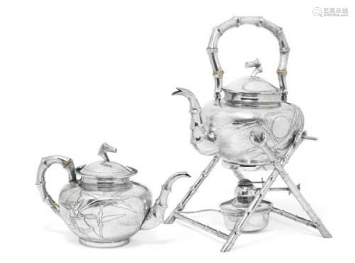 A Chinese silver kettle on stand and teapot. Unidentified maker's mark. C. 1900. [...]