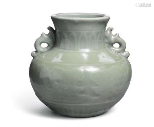 Longquan celadon globe-shaped vase with two handles, decoration in relief with [...]