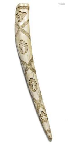 A Chinese carved walrus tusk. 19th century. Weight 2565 g. L. 69 cm.  -