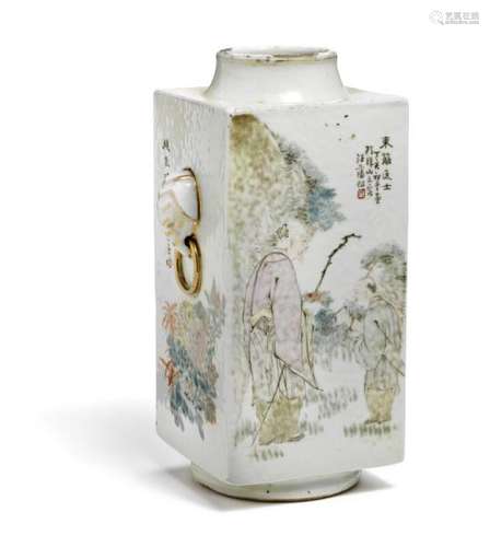 Wang Fan (1843-1923): A Chinese Qianjiang Cong-shaped vase with elephant handles, [...]