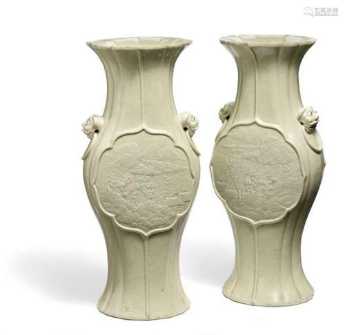 A pair of Chinese lobed porcelain vases decorated in dim greenish glaze sides with [...]