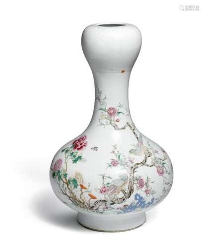 A Chinese garlic neck porcelain vase decorated in colours with birds seated at [...]