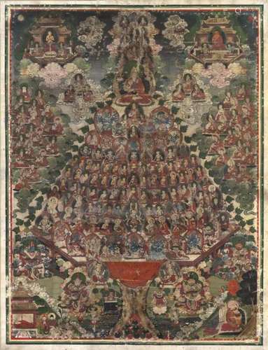 A Tibetan thangka of the Gelugpa refuge tree. 19th century Framed. Visible image 37.5 [...]