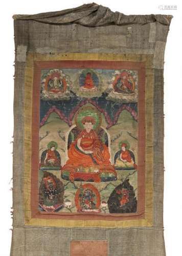 A Tibetan thangka with a learned master seated on a throne. 19th century. Image 55 x [...]