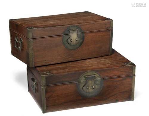 Two Chinese huanghuali document boxes, late Qing c. 1900. H. 15 cm L. 37 cm D. 21 cm [...]